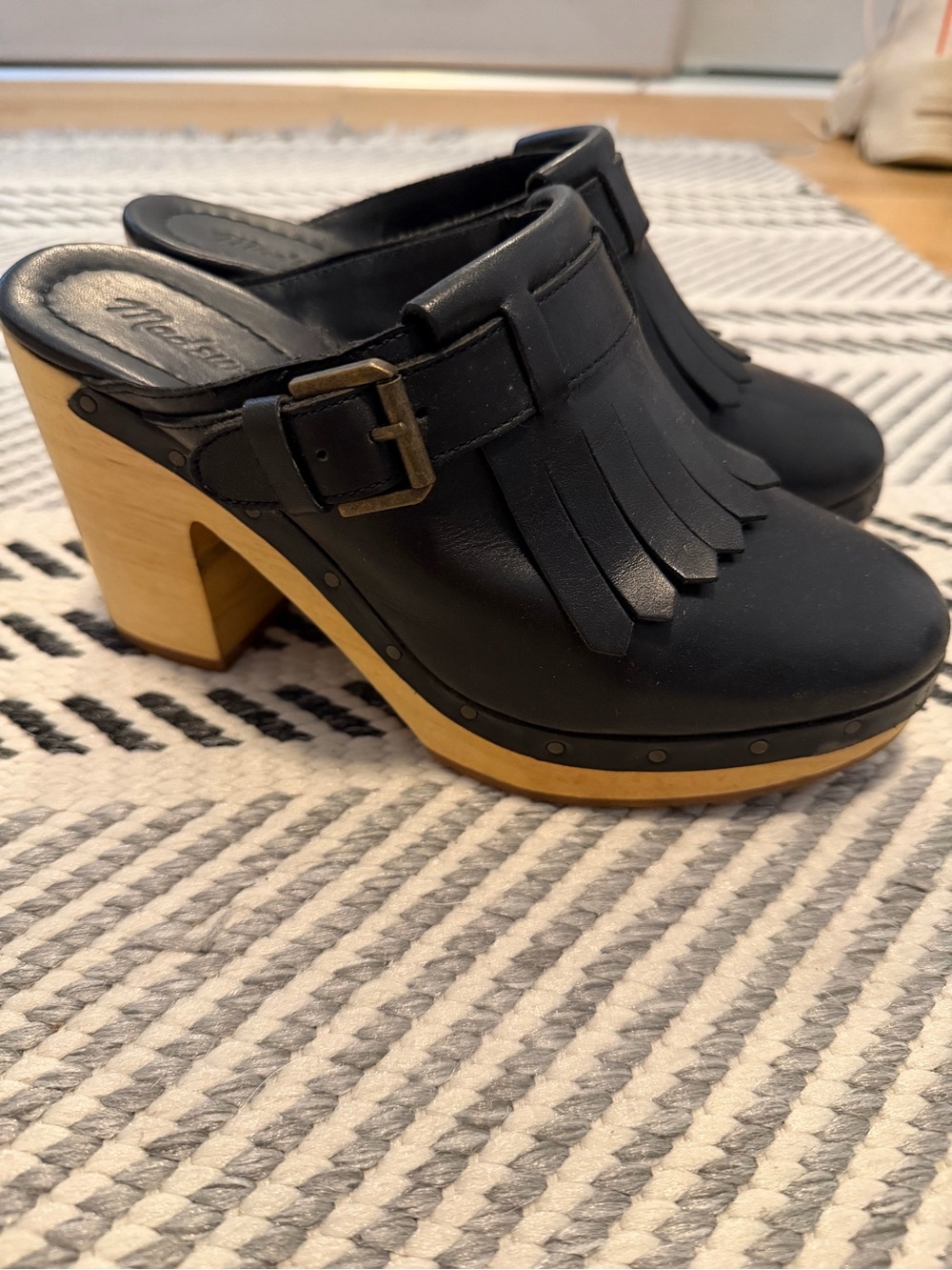 Madewell Black Leather Fringe Buckle Clog Mules with Wood Heel